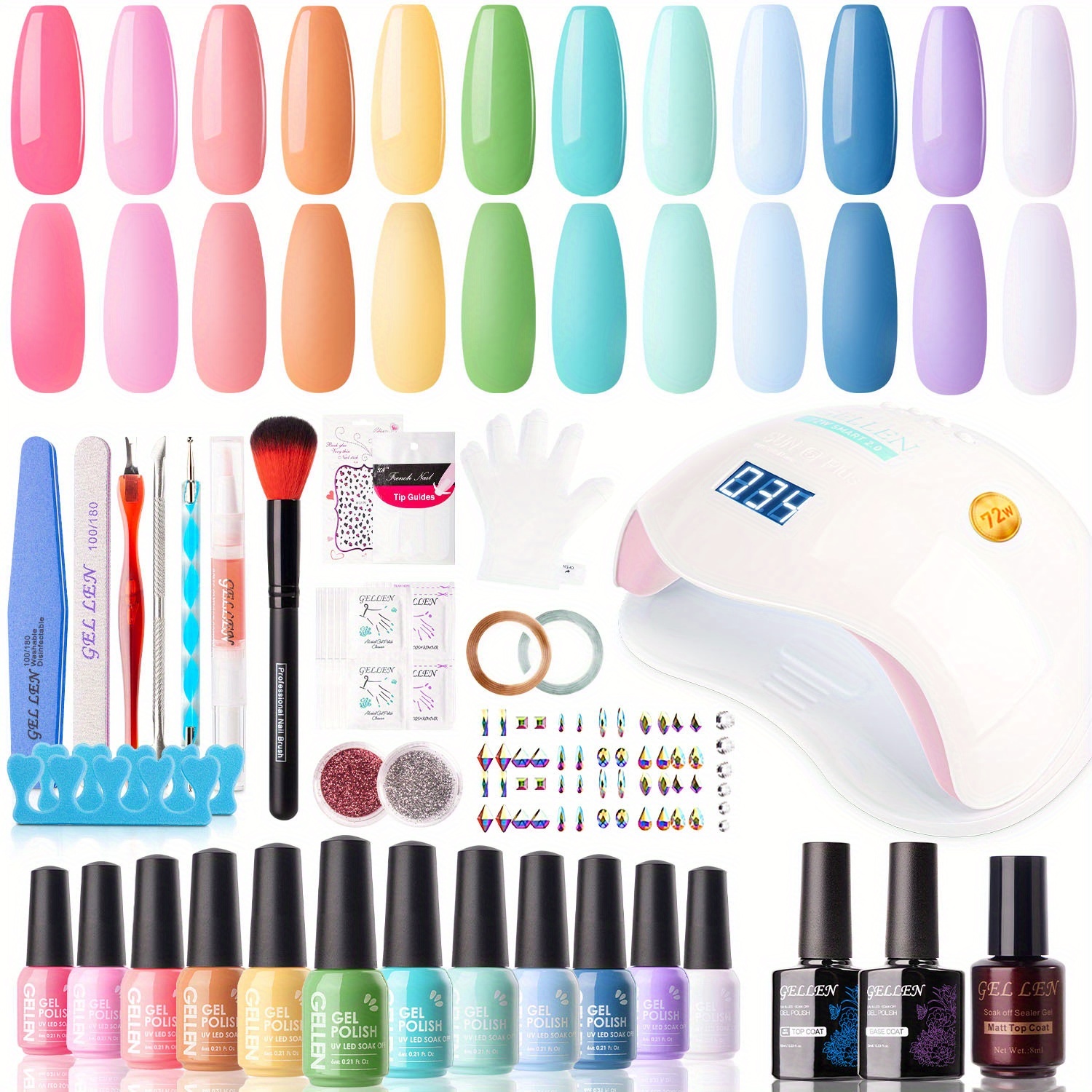 TEMU Kit de vernis à ongles Gellen Gel - Série Macaroon Candy - Kit de vernis à de 12 couleurs avec lampe à ongles LED 72W, collection de couleurs de