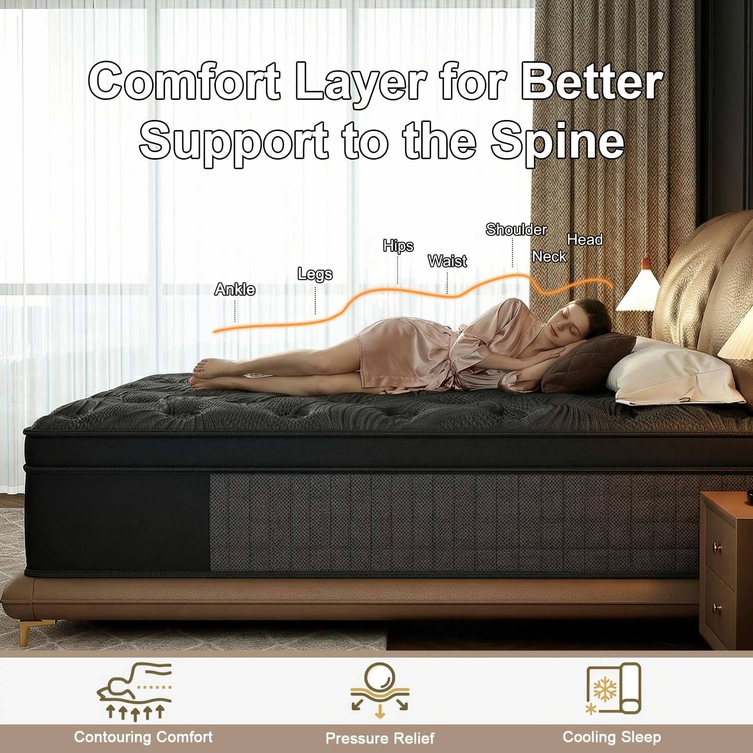 8 Inch/10 Inch/12 Inch/14 Inch Black Grey Mattress Twin, Full, Queen, King. Cooling Breathable Fabric Wicks Heat. Memory Foam Molds to Your Body Curves. Independent Pocket Springs Stop Motion Your Partner Never Feels You Get Up At Night
