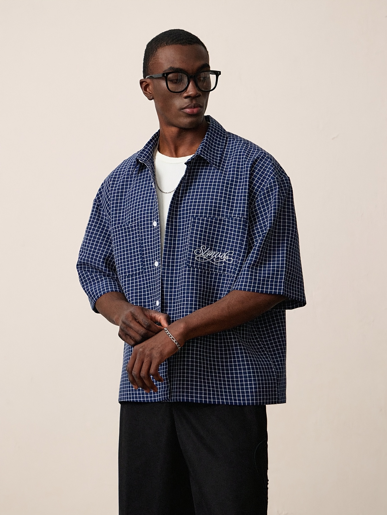 mens loose fit cropped vintage fashion plaid embroidered double pocket short sleeve shirt