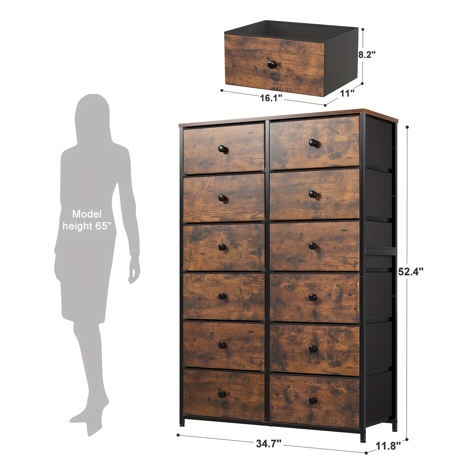 

Tall Dresser, Dresser For Bedroom With 12 Drawers Tall Bedroom Dresser For Bedroom, Large Fabric Dresser With Wood Top, Metal Frame For Closets, Living Room, Entryway, Rustic Brown