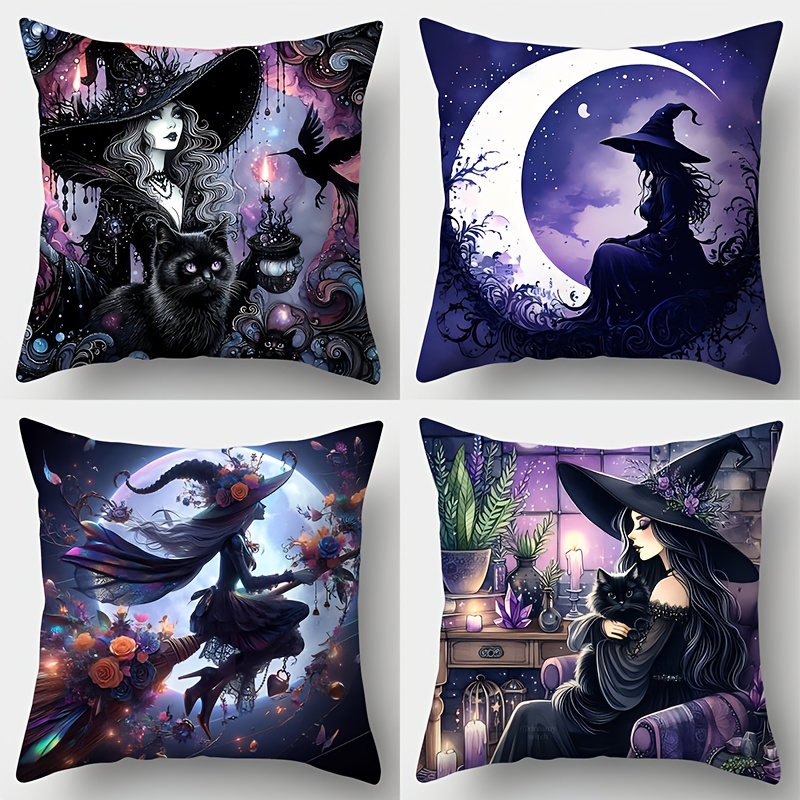 E-shop 4 Lila-Schwarze Halloween-Themen Kissenbezüge mit schönen Hexen- Schwarzkatzen-Motiven. Maße 17,7x17,7 Zoll, einseitig bedruckt, Reißverschluss,