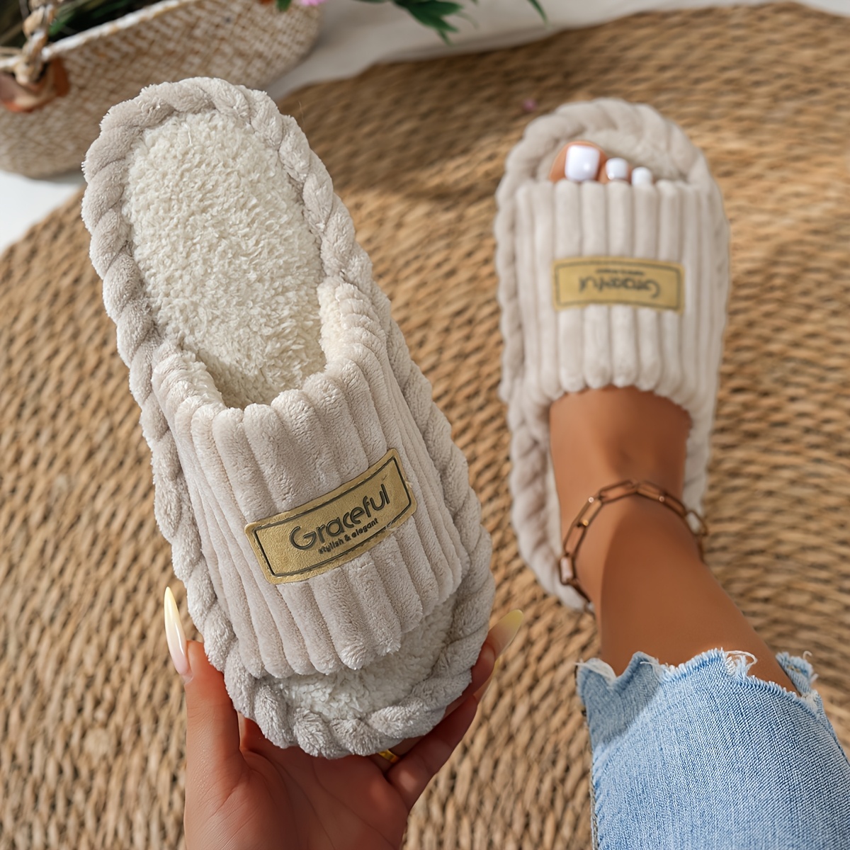 E-shop Minimalistische Damenmode Indoor Home Bequeme Open-Toe Hautfreundliche Leise Gestreifte Home Hausschuhe, Dameschuhe