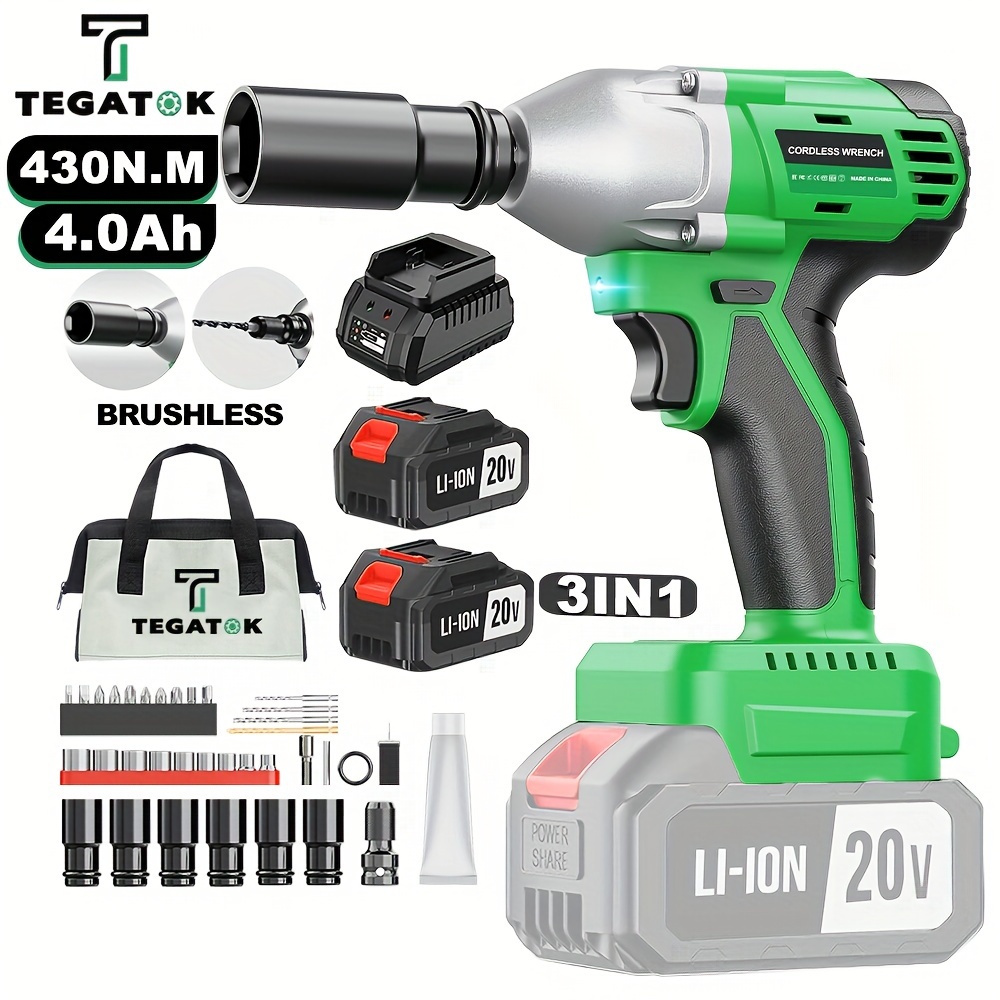 

Tegatok Cordless Impact Wrench, Power Impact 1/2 (430n.m), 2400 Rpm Brushless Impact Driver With 4000mah Battery, Fast Charger, 6 Sockets & Tool Bag, 3-in-1 Electric Impact Wrench For