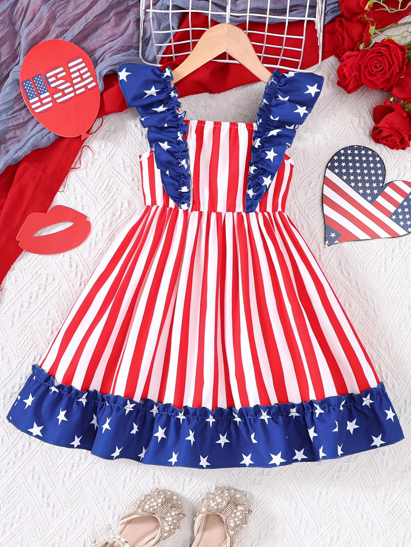 open lace back dress Girls Blue & White with Red Ricrac Trim Dress 3T main image 1