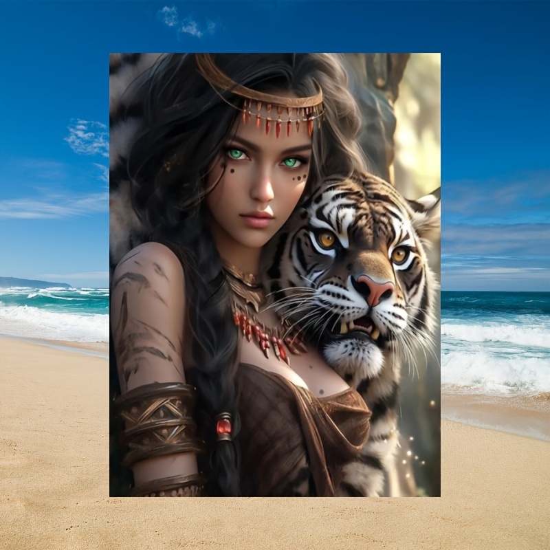 

Elegant Woman And Tiger Diamond Painting Kit: Create A Stunning Wall Art With Full Artificial Diamonds - Perfect For Home Decor And Gifts