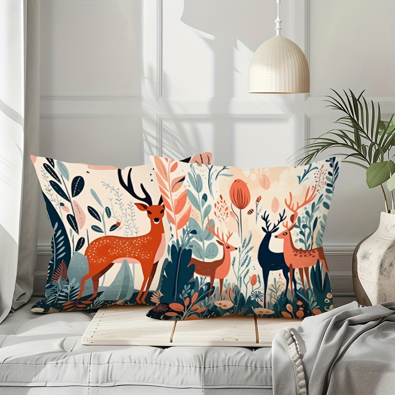   forest deer and mushroom polyester throw pillow cover contemporary woven style for   room bedroom and sofa decor zipper closure hand wash only pillow insert not included details 1