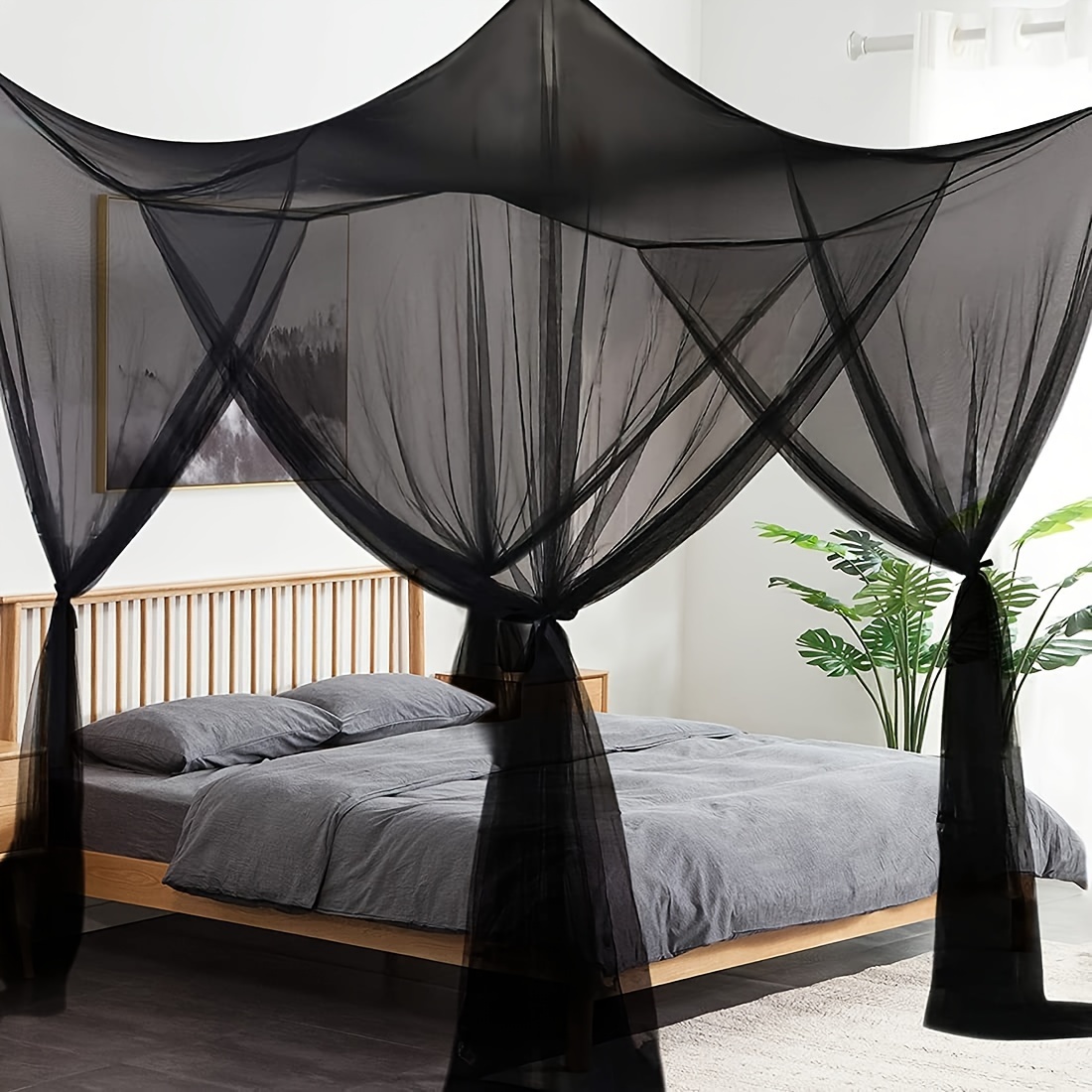 

1pc Mosquito Net For Bed Canopy, 4 Corner Post Curtains Bed Canopy Large Mosquito Netting Bedroom Princess Decoration, Black/white