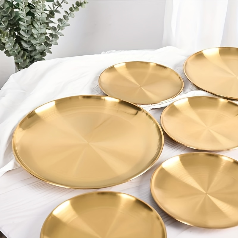 7pcs Golden Stainless Steel Round Plates, 6.7in Metal Serving Plates, Reusable Dinner Dishes For Steak, Pasta, Appetizer, Dishwasher Safe, Kitchen & Dining Tableware Set
