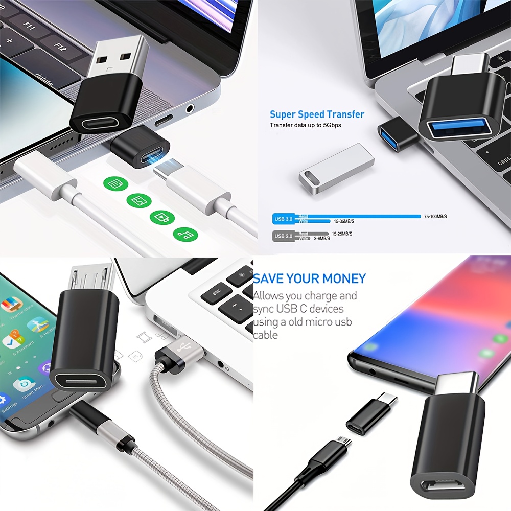 8 pack black usb to usb c adapter usb type c female to usb converter micro usb to usb c female to male adapter works with laptops power banks smartphones headphones and pcs 2