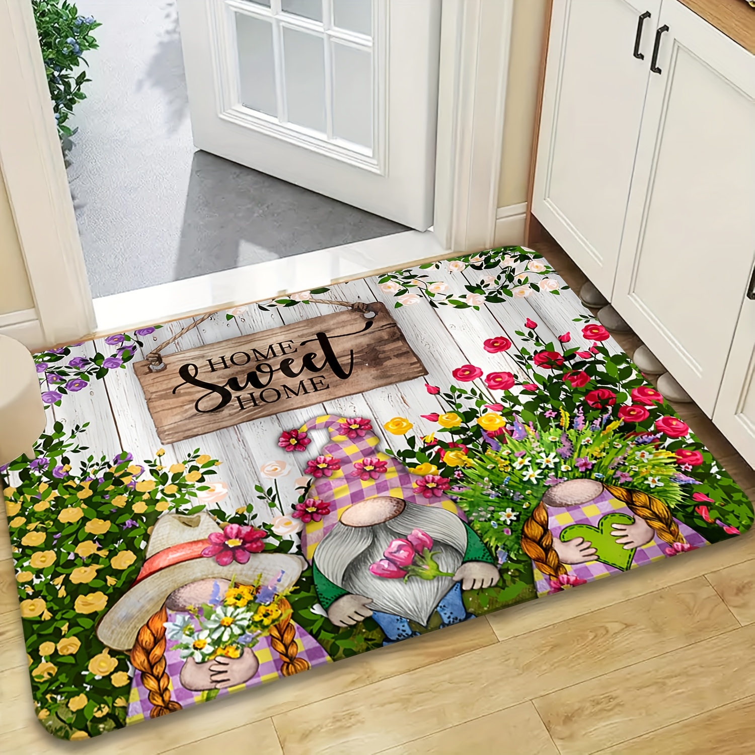 TEMU 1pc Flannel Material Anti-slip Mat, Wood Grain , Happy Gnome Gardener Photo Pattern Door Mat, Machine Washable Non-fading, Suitable For Kitchen,