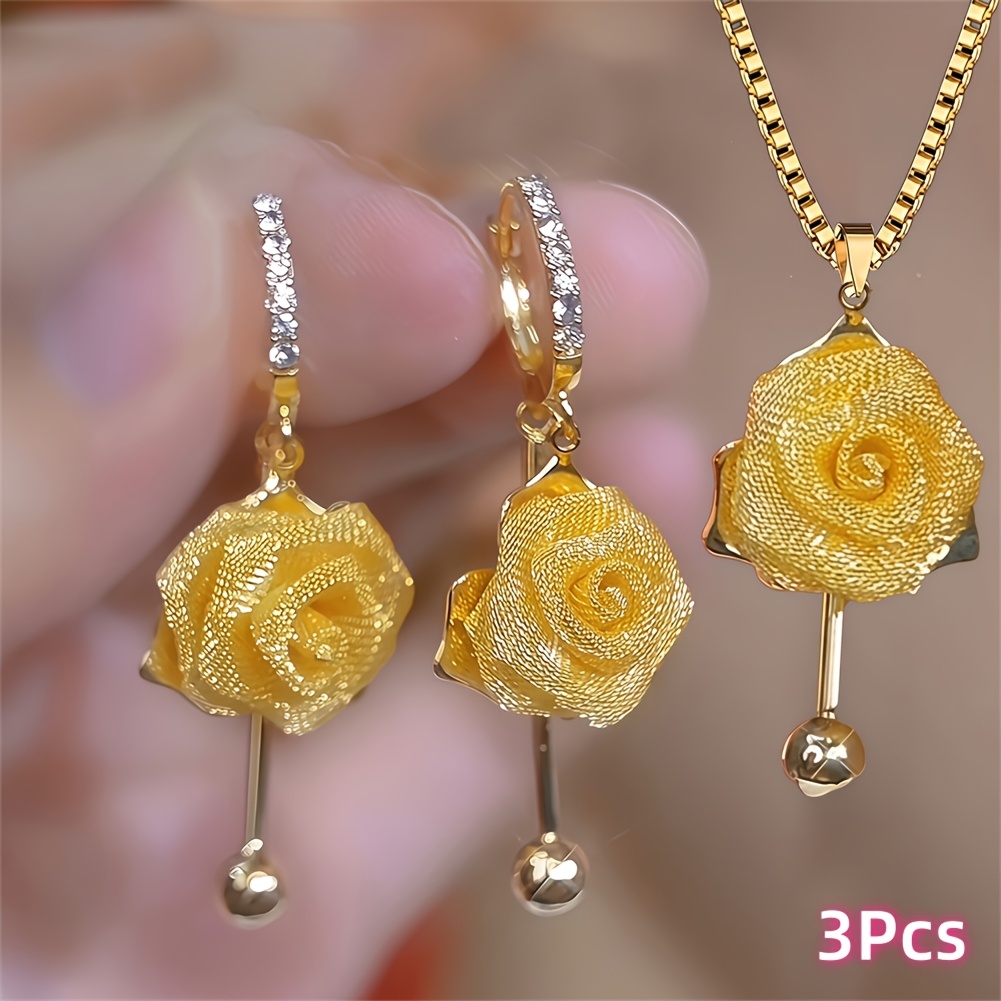 TEMU 3pcs Pair Of French Earrings And 1pc Pendant Necklace Sweet Fashionable Individual Ear Studs Temperament All-match Style Ear Jewelry, With Oval
