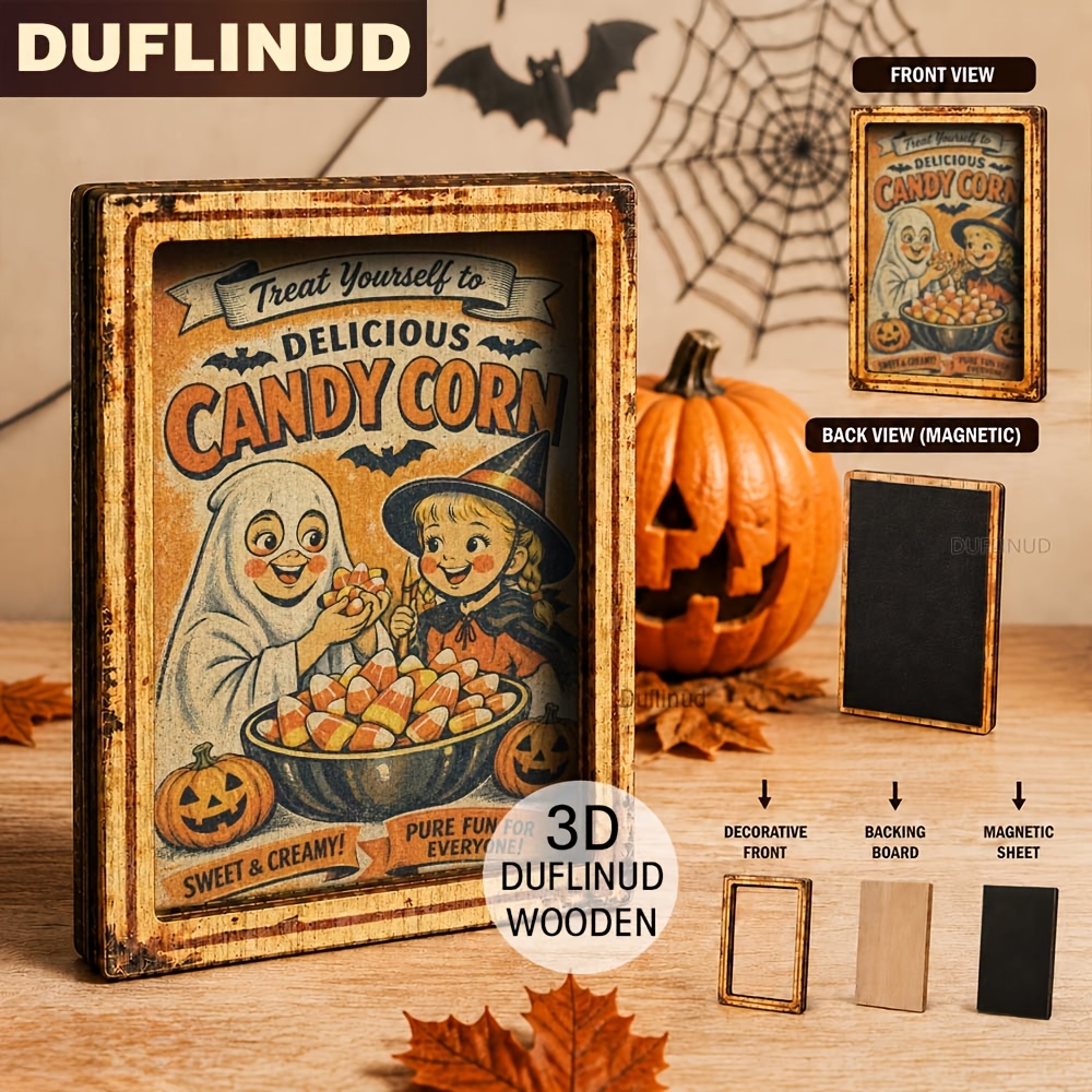 TEMU Vintage Halloween-themed Refrigerator Magnet, Mini, Wooden Fridge Magnet. Features Cute And Wizard Patterns, With A Festive Candy Corn Design. A