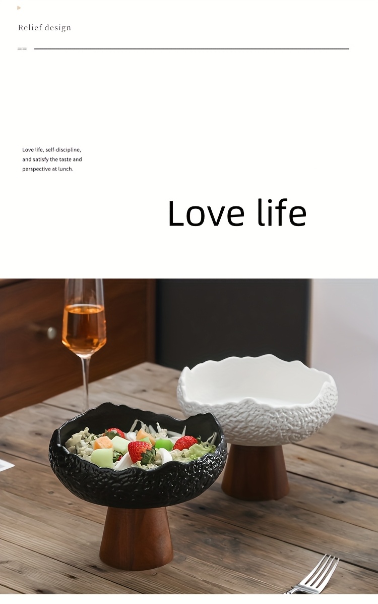 1pc Wooden Foot Ceramic High Fruit Plate, Multi-Functional Ceramic Bowl, Chinese Creative Tea Heart Plate, Nut Cake Fruit Dessert Plate, Suitable for Tea Rooms, Restaurants, Hotels And Families