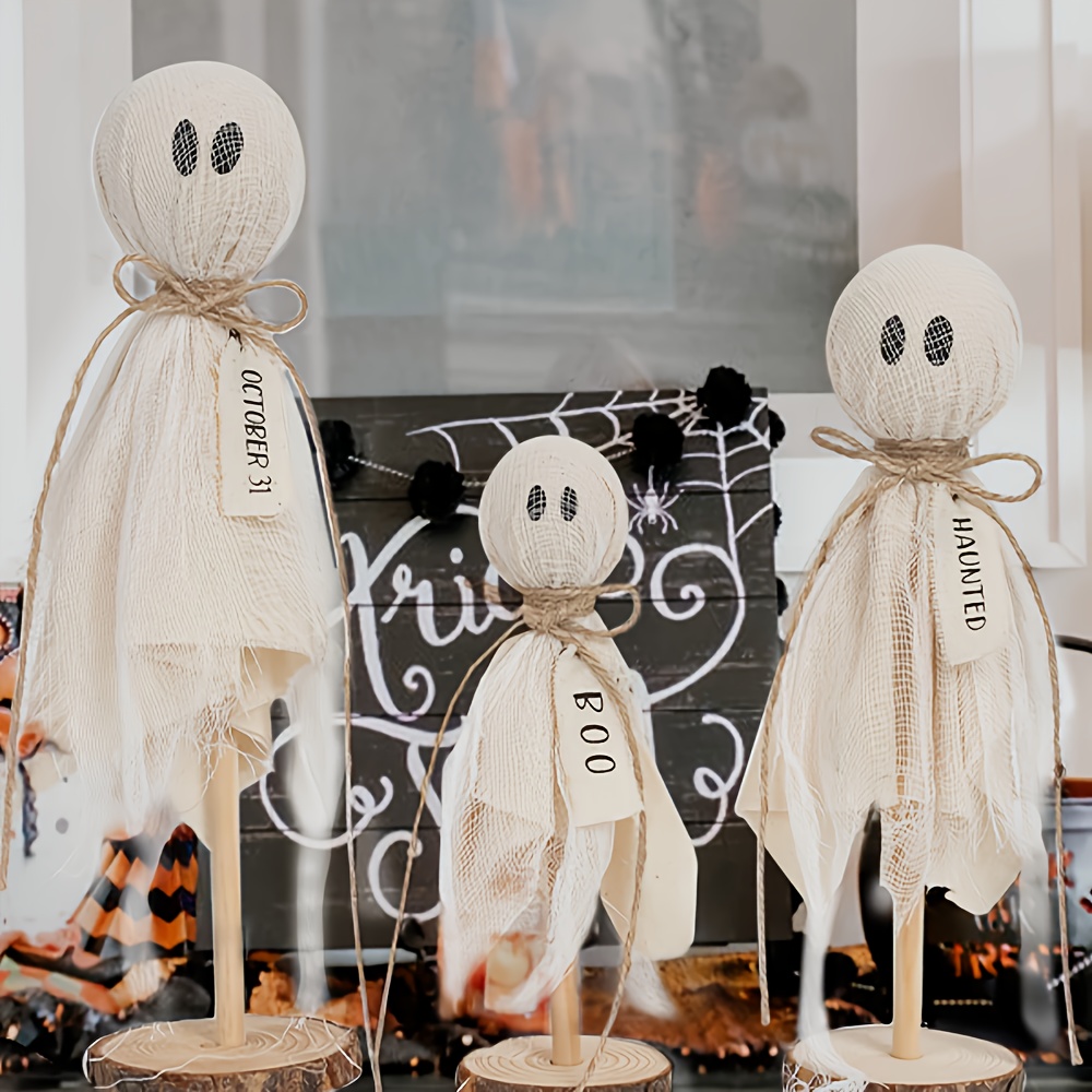TEMU Fall Halloween Figurines Tabletop Scenes Table Decorations - 3pcs Wooden Ghost Stand Set - Rustic Primitive Home Table Decorations For Indoor