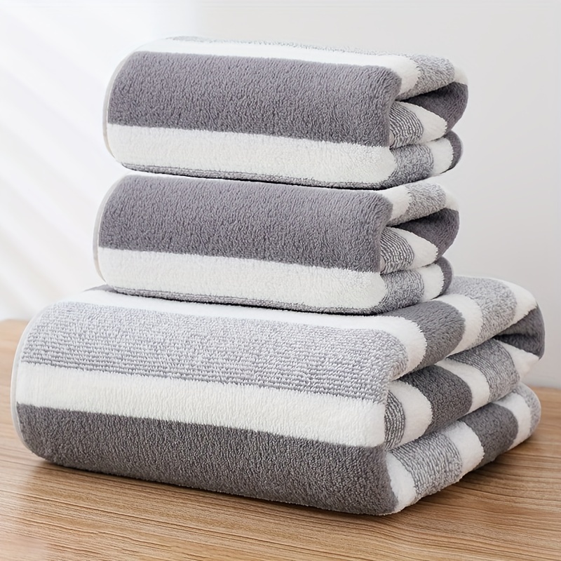 

3pcs Striped Pattern Towel Set, Soft Hand Towel Bath Towel, Quick Drying Absorbent Towels For Bathroom, 1 Bath Towel & 2 Hand Towel, Bathroom Supplies