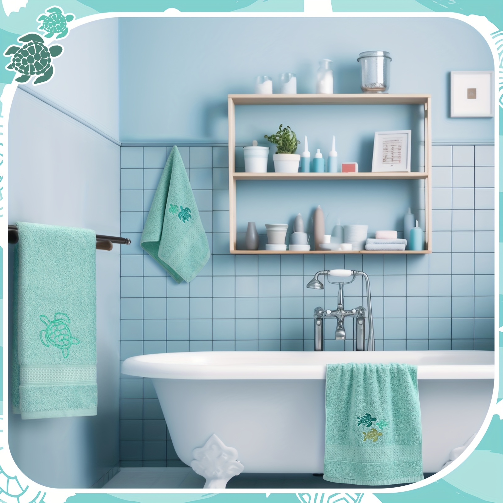 TEMU 3 Pack Sea Turtle Coastal Hand Towels For 100% Cotton Embroidered Towels 13.78 X 29.53 Inch Soft Absorbent (green, Sea Turtles)