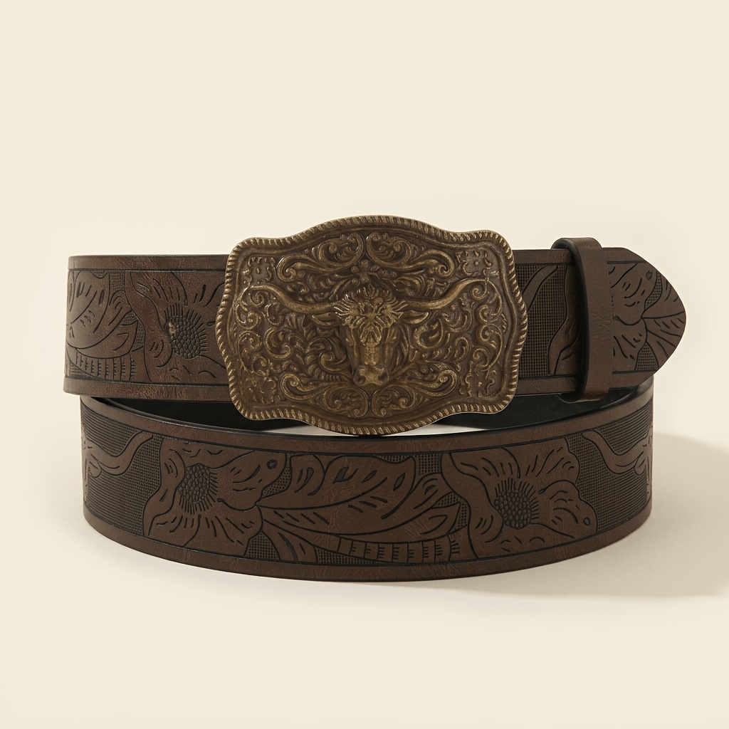 TEMU 1pc Of Alloy Buckle Retro Western Style Belt, Ethnic Style Versatile Decorative Belt, Unisex Belt, Suitable As A Gift