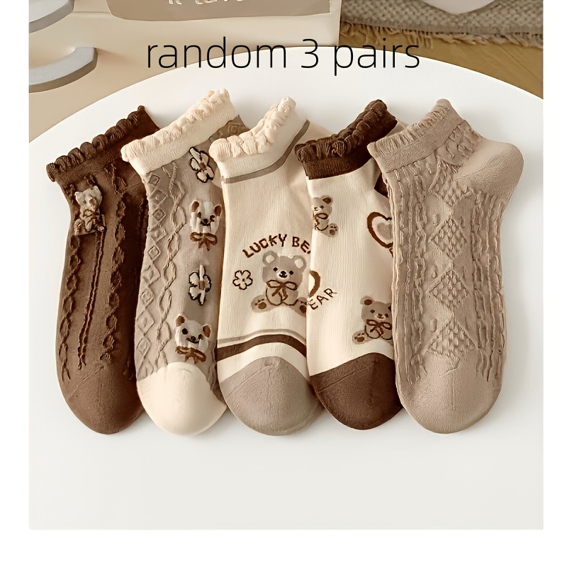 TEMU Random 3 Pairs Women's /summer Coffee-colored Cute Bear Socks, Shallow-cut Short Socks, Adorable Japanese-style Sweet Lace Ankle Socks