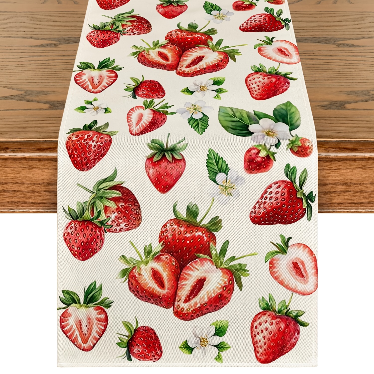 TEMU 1pc, Strawberry Wildflowers Fruit Spring Summer Table Runner, Seasonal Kitchen Dining Table Decoration For Home Party Decor In Sizes 13 X 36, 13