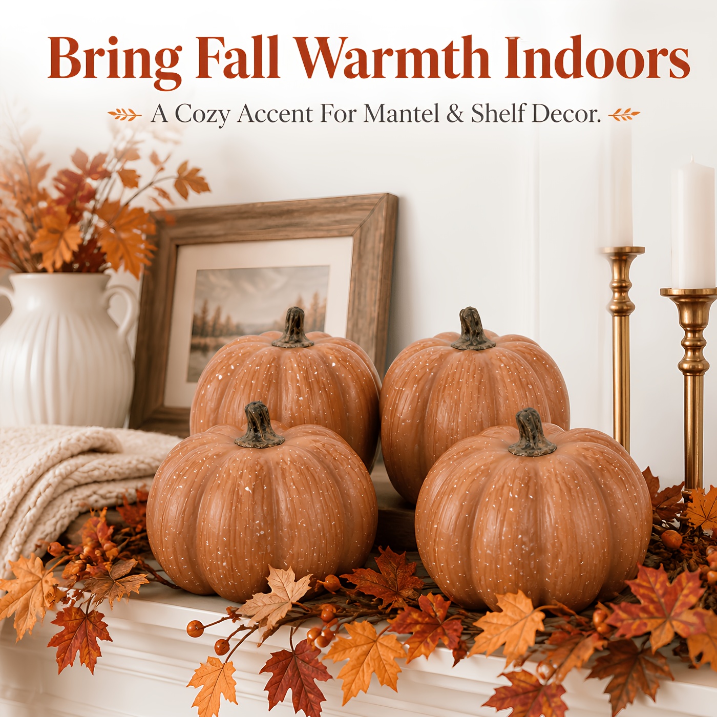 TEMU 4pcs Fall Pumpkin Decor Set, Rustic Farmhouse Harvest Style, Textured Pumpkin Design With Vintage Stem Details, Perfect For Porch, Tabletop,