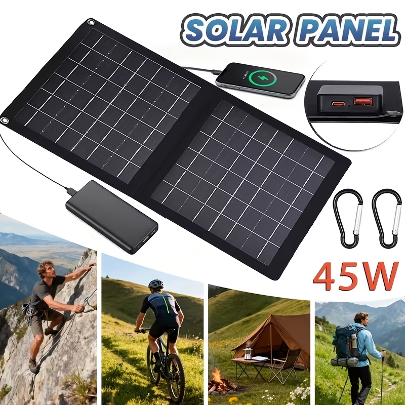 TEMU 45w Portable Foldable Solar Panel Charger With A Type C & Usb Output, 2-fold Designed For Outdoor Use. It Features A Usb Connector For Universal