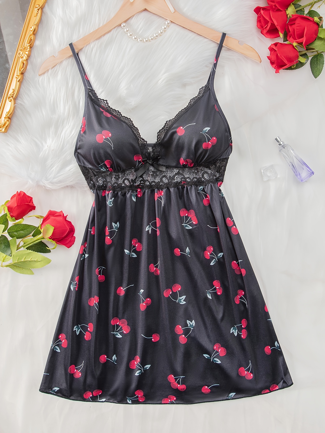 Cherry Print Slip Nightdress Lace Trim V Neck Ruffle Sleep - Temu