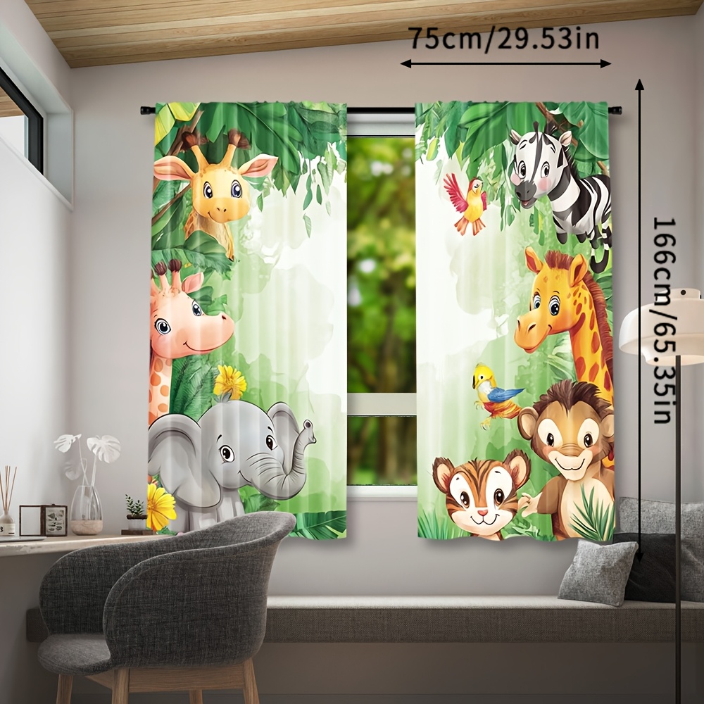 TEMU 2pcs, Curtains Rod Pocket Cartoon Woodland Animals Jungle Tropical Cute Lion Elephant Room Decor Playroom Bedroom Window Drapes Fabric
