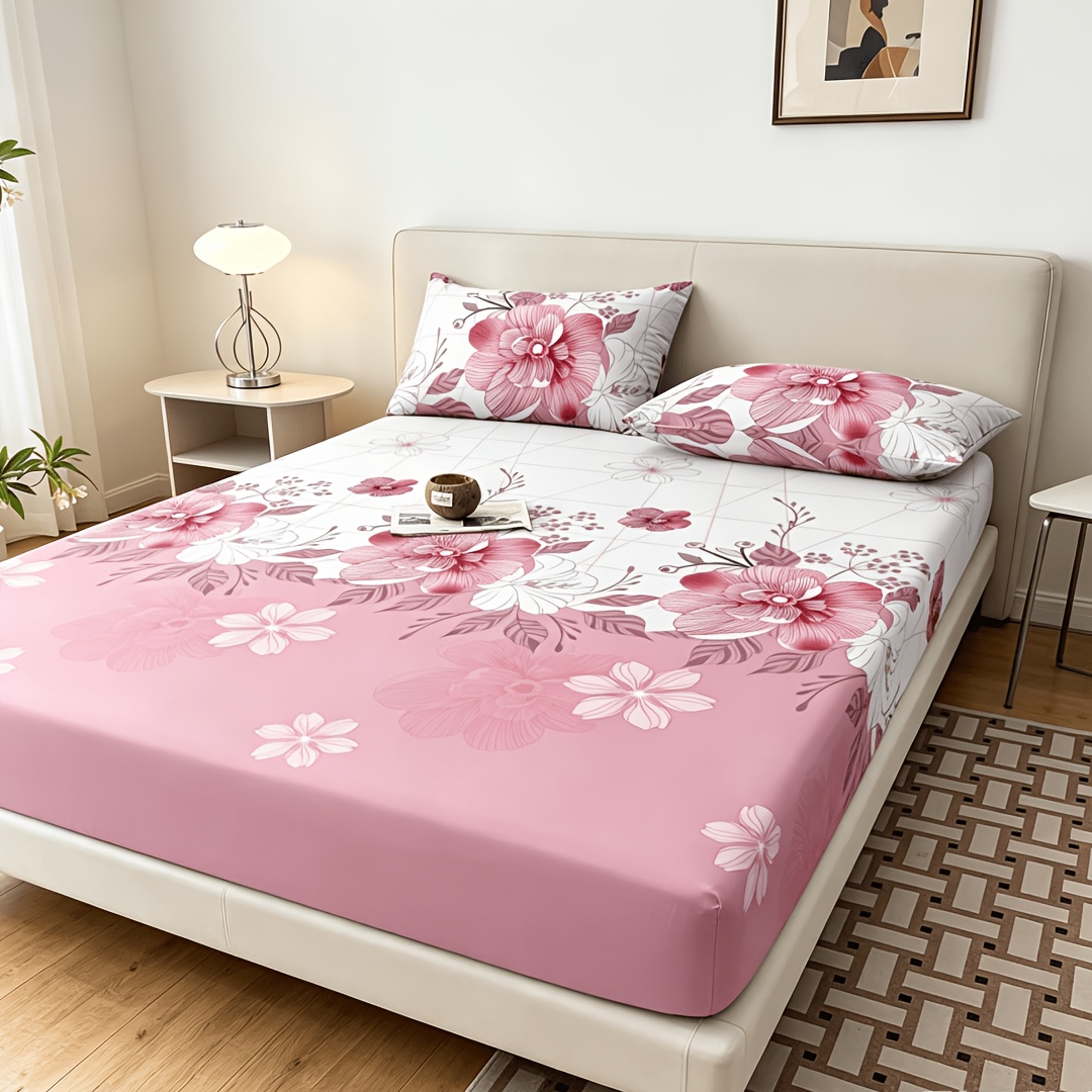 100% Polyester Pink And White Floral Fitted Sheet, Gradient Pink Floral, Anti-slip , Breathable, Use