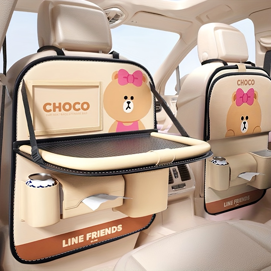 [Cute Car Storage Bag] 1pc Large Capacity Multifunctional Cute Cartoon Bear Design Foldable Car Seat Storage Bag | Backrest Organizer with Adjustable Straps, Storage Pockets & Cup Holders - Fit for All Cars, Road Trip Accessories, Gifts for Girls & Women, Travel Trash Bin | Foldable Tray Feature, Car Storage