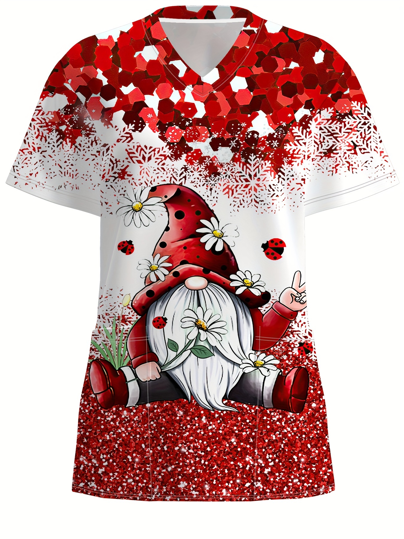 Kadınlar için Şenlikli Noel V-Yaka Scrub Üstü, 3D Dijital Baskı, Kısa Kollu & Fonksiyonel Cepli - Günlük Polyester Karışımı Sağlık Üniforması