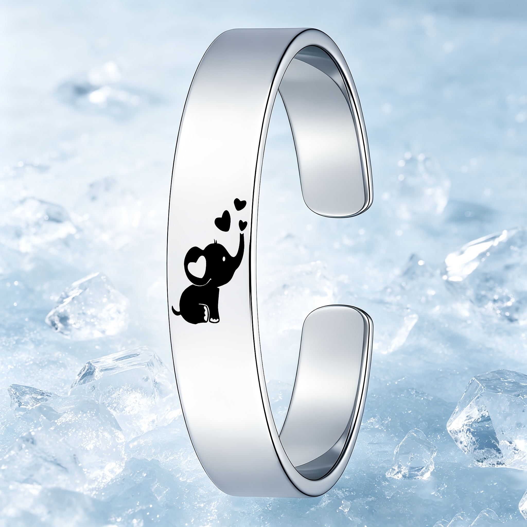 Charming Elephant and Heart Pattern Stainless Steel Open Bangle, Cute Gift