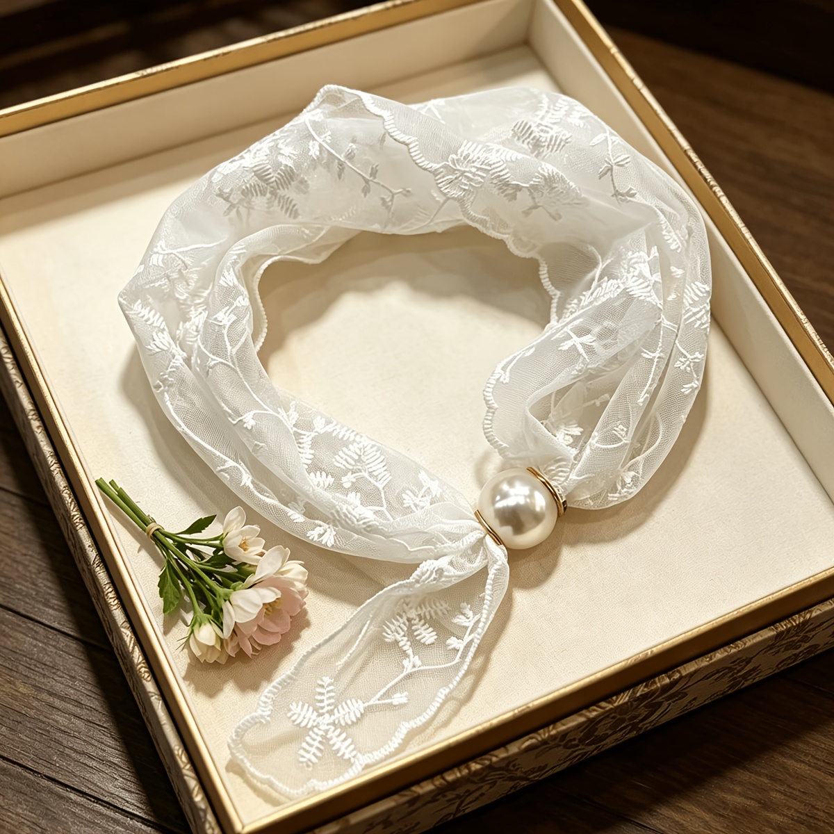 TEMU Écharpe en dentelle brodée de fleurs avec fermoir, écharpe de cou pour femme, de cou en résille transparente, accessoire de mode pour cheveux