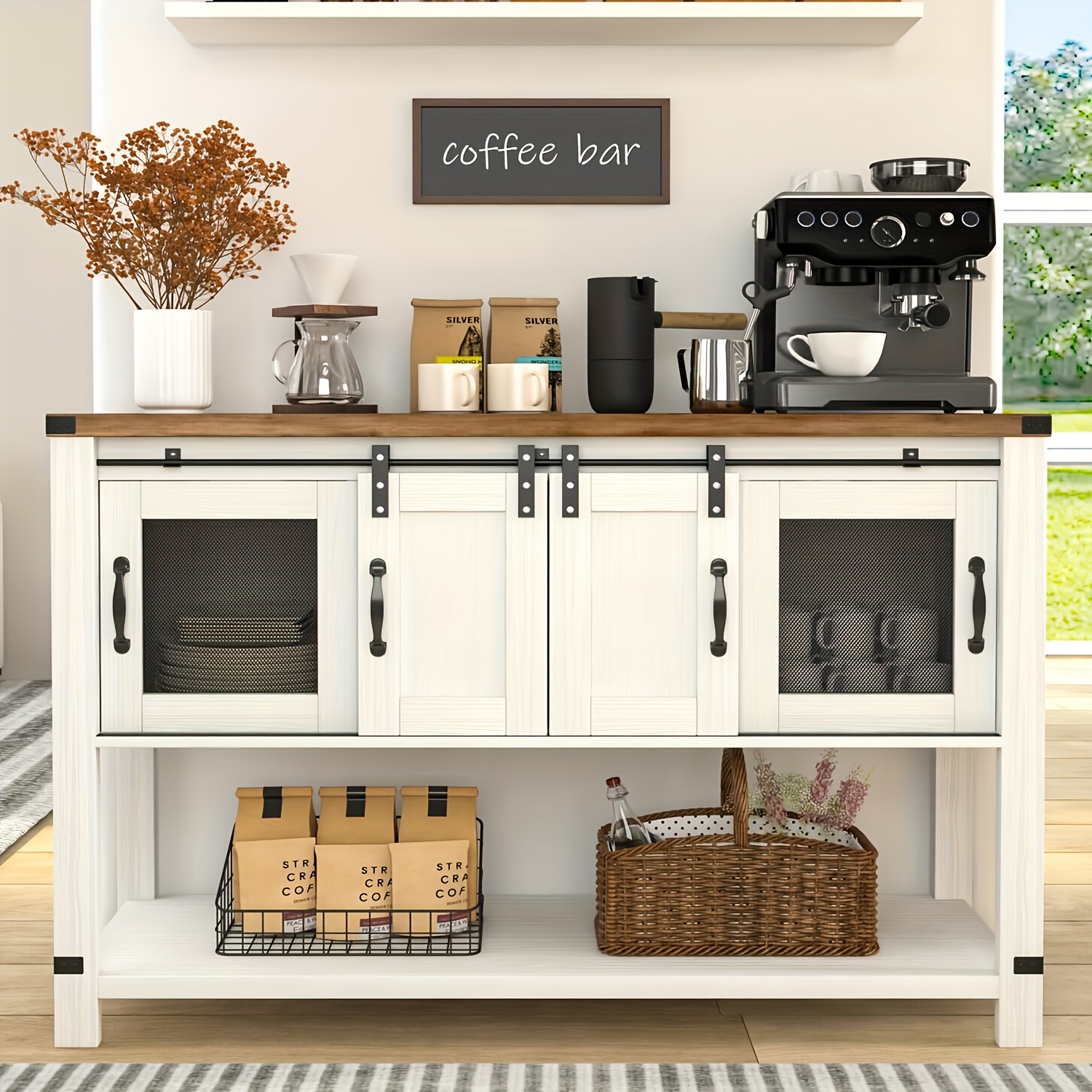 

Farmhouse Coffee Bar Cabinet With Storage, 47'' Coffee Bar Table With Sliding Barn Door, White Coffee Buffet Cabinet With Metal Mesh Doors, Console Table With Bottom Open Shelf, Living Room