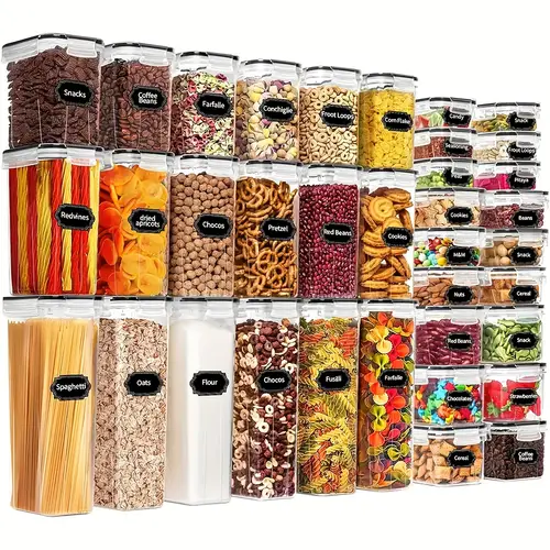 36 pack airtight food storage containers set leak proof bpa free dishwasher safe lids rectangle shape labels marker included kitchen pantry organization and storage of flour sugar cereal and more