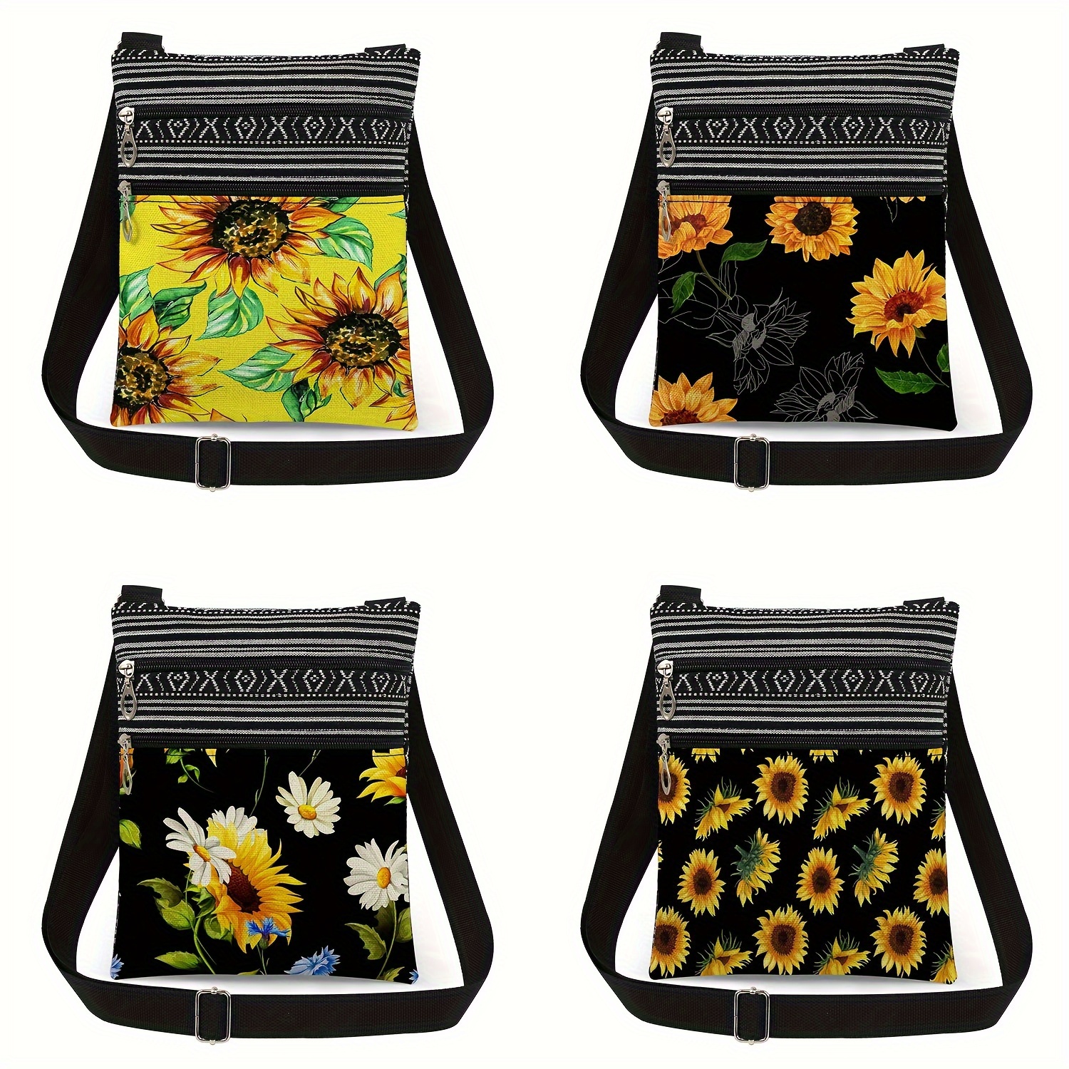 

Chic Black Shoulder Bag With Yellow Sunflower Print - Fashionable Women's Crossbody, Gift For , Sustainable Travel Organizer