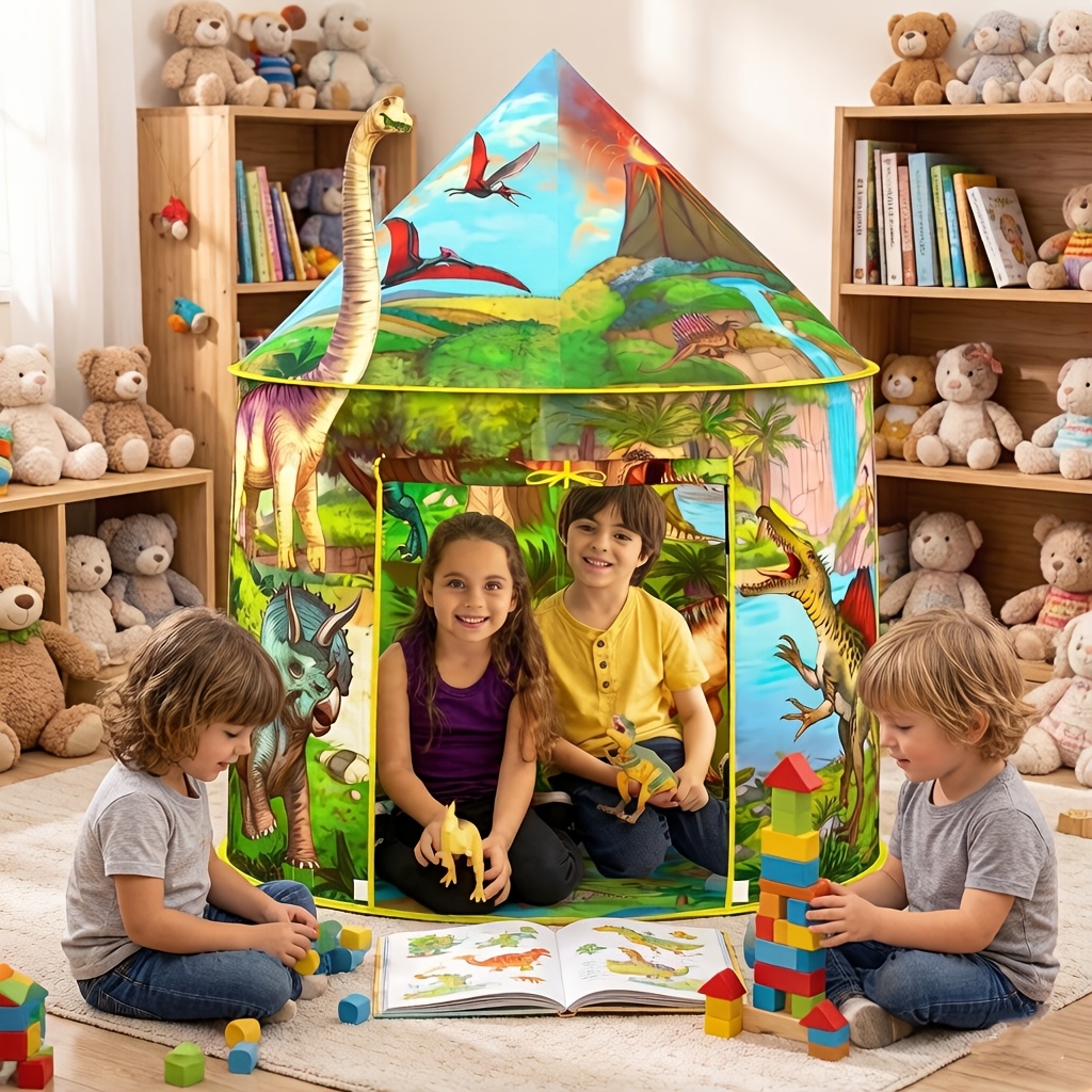 Image of Kids Play Tent, Foldable Pop-up Play Tent For Children, Dinosaur Themed Indoor Outdoor Play Tent For Bedroom, Living Room, And Garden, Easy Setup And Space- Storage