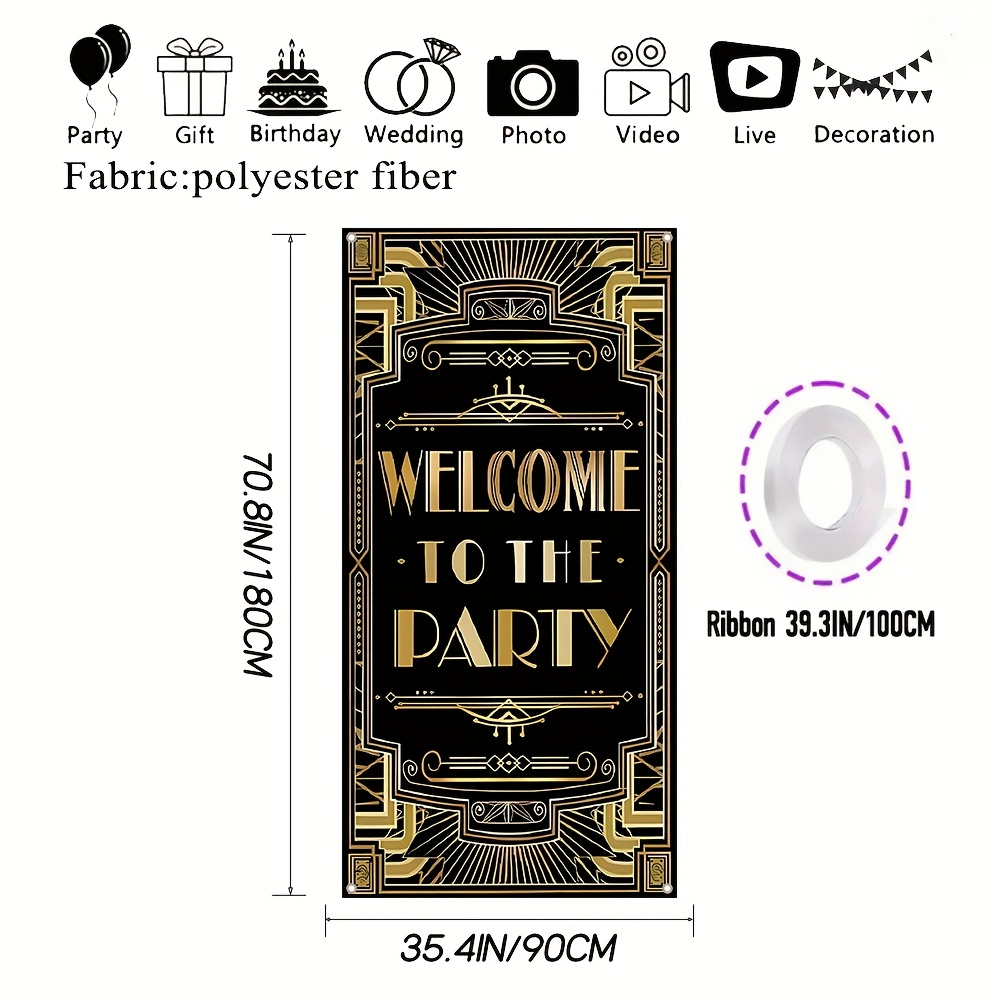 TEMU 1pc 1920s Party Welcome Sign Door Banner - Black & Golden Glitter Art Deco Design, Durable Polyester Porch Banner For Themed Events, Weddings, -