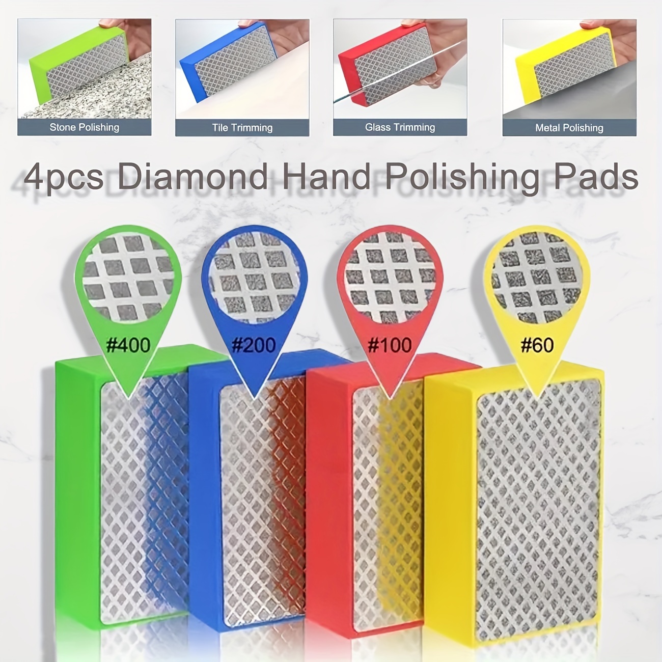 

4pcs Diamond Hand Polishing Pads, Glass Grinding Pads For Sanding Concrete Ceramic Tile Glass Stone Granite Marble Metal (60#, 100#, 200#, 400#) Wet Dry