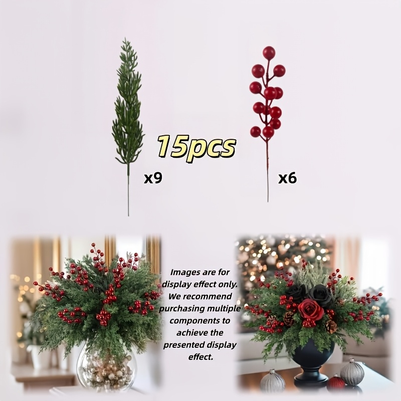 TEMU 15pcs Christmas Artificial Stems, Green Plant Decorative Flower Arrangement Stems | 18-inch Thickened Artificial Evergreen Leaf Branches,