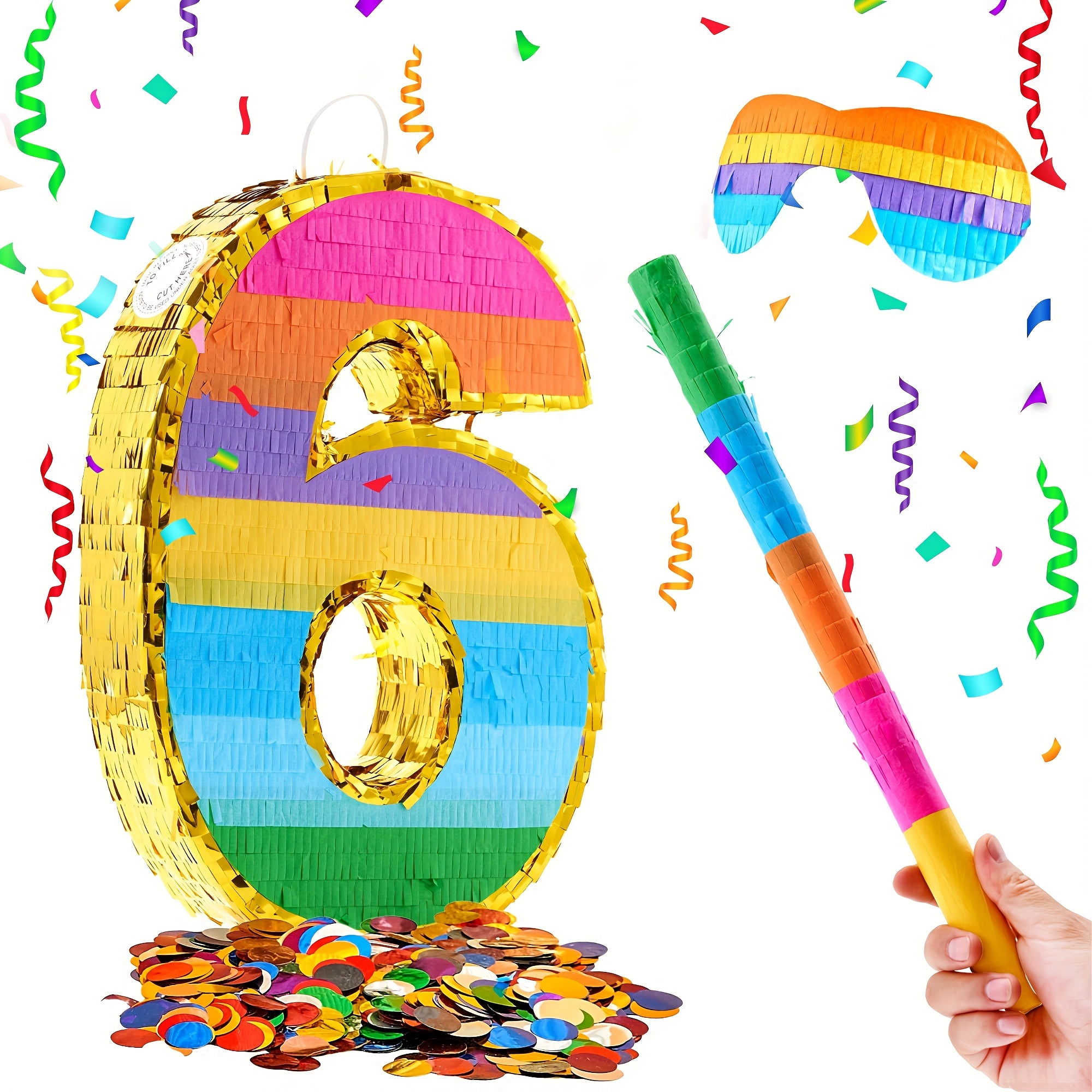 Piñata de número grande para decoración de fiestas de cumpleaños, piñata  arcoíris con palo colorido para la venda de los ojos y confeti para fiestas