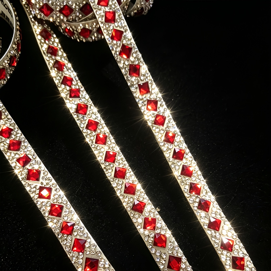 TEMU 1 Roll Self-adhesive Red Glass Rhinestone Strip Suitable For Clothing, Bags, Car, Weddings - 60cm Long Sparkling Diy Tape With Square Rhinestone