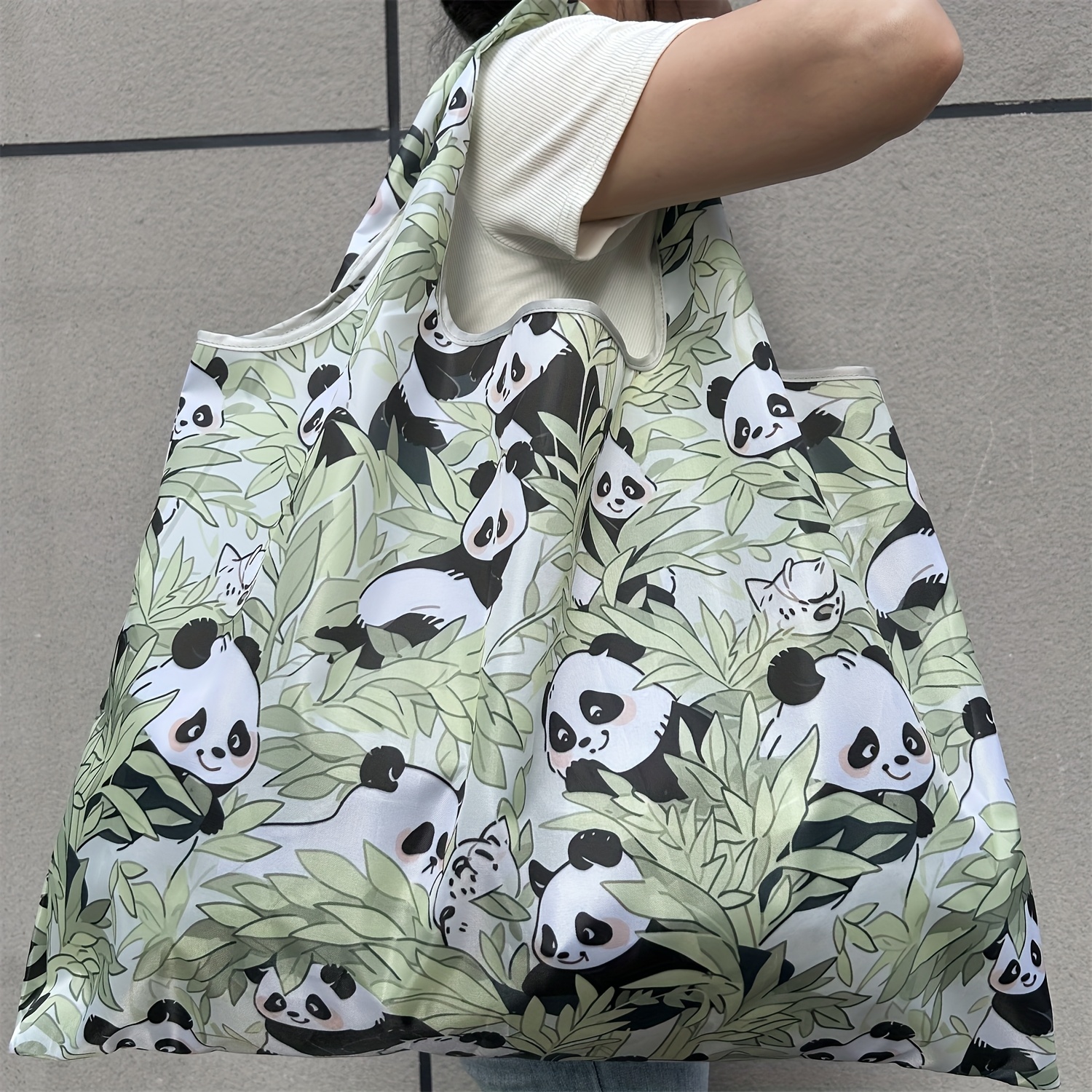 TEMU Large Capacity Portable Shopping Bag Lightweight Foldable Panda Tote Shoulder Handbag