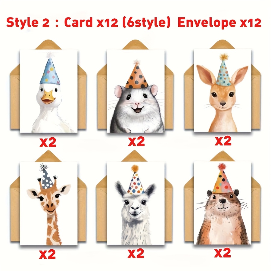 TEMU 6/12 Whimsical Animal Birthday Cards With Envelopes - Featuring Ducks, Mice, Giraffes, , And Wearing Party Hats - Suitable For Family, , And