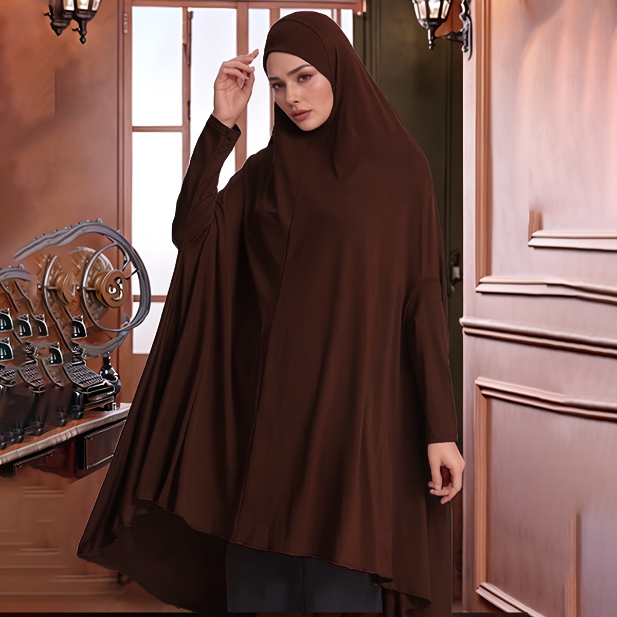 Elegant Muslim Headscarf Khimar with Sleeves, Breathable Fabric for Outdoor & Daily Wear, Machine Washable Versatile Shawl for Women, Hijab Scarf, Wear, Sophisticated Print, Nonelastic Fabric