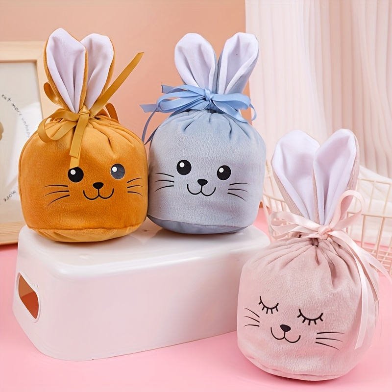 Image of 3/6pcs Soft Velvet Easter Bunny Gift Bags With Drawstring, Rabbit Ear Design - Ideal For Party Favors, Egg Hunt Prizes, And Basket Stuffers