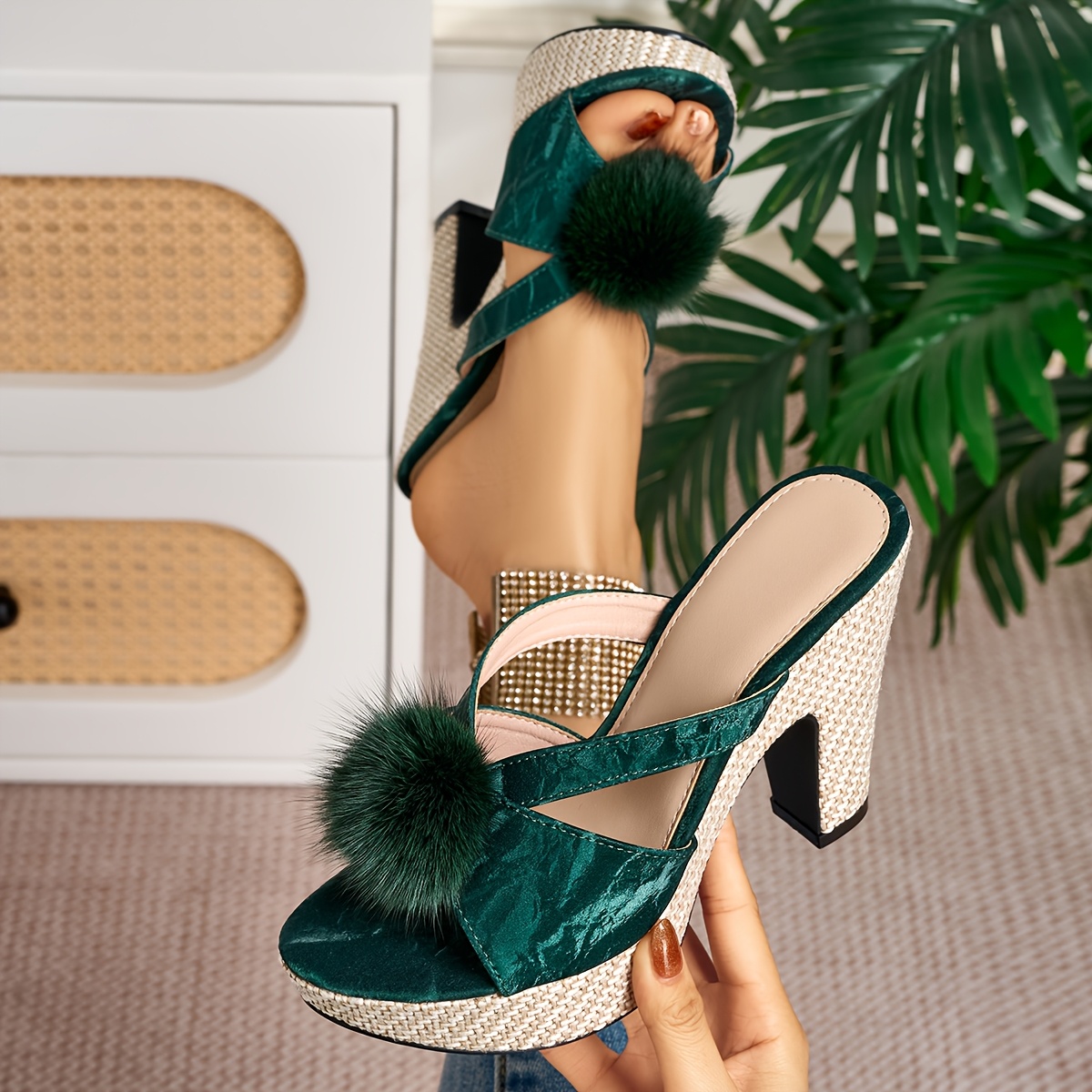 elegant womens fashionable high heeled sandals with pom poms women shoes Product details 3