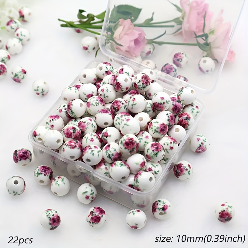 E-shop 22 Stück 10mm Pfingstrosen Keramikperlen - Chinesische bedruckte Keramikperlen, geeignet für Schmuckherstellung, zum Dekorieren von Halsketten,