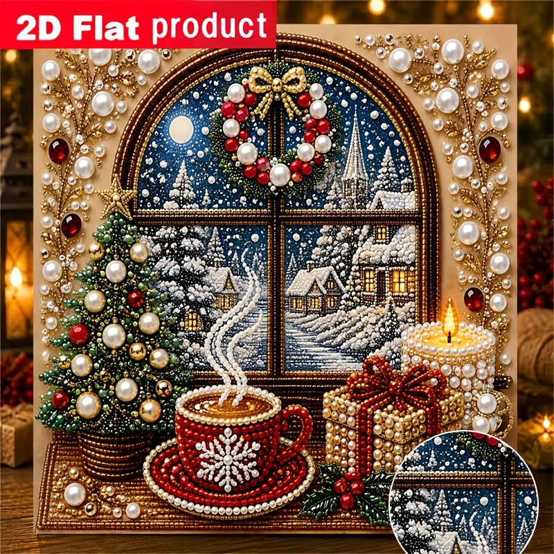 TEMU New Diy Diamond Painting Kit - Winter Window Snow Scene Decorative Art, Christmas Tree Hot Drink Gift Box Diamond Sticker Painting. Suitable For