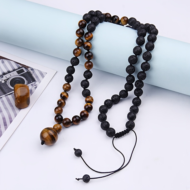 Chic 8mm Tiger Eye & Lava Stone Beaded Necklace with Pendant