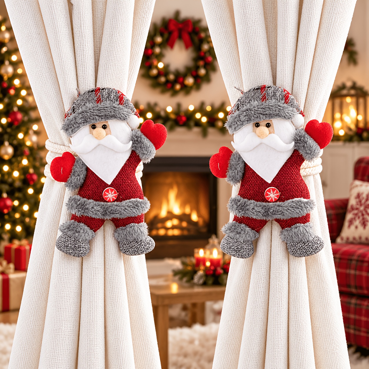 TEMU 2pcs Christmas Curtain Tiebacks, Felt Santa Claus Snowman Reindeer Brown Bear Plush Doll Curtain Ties, Large Size Christmas Window Decor, Home